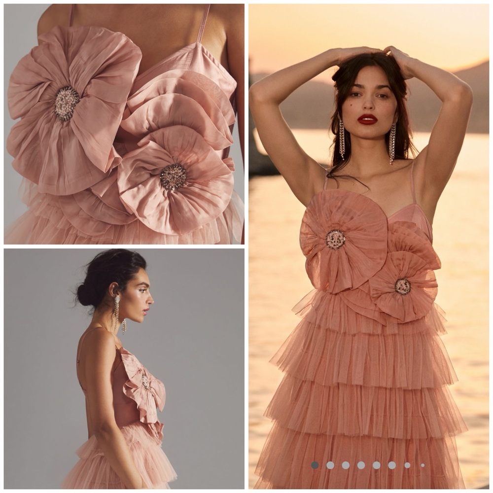 💋Rare Anthropologie Kavita Bhartia Rosette tiered soft Pink tulle Dress. Size 6P